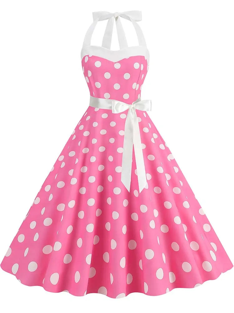 Women Summer Party Dress With Belt Polka Dot Print Halter Hepburn