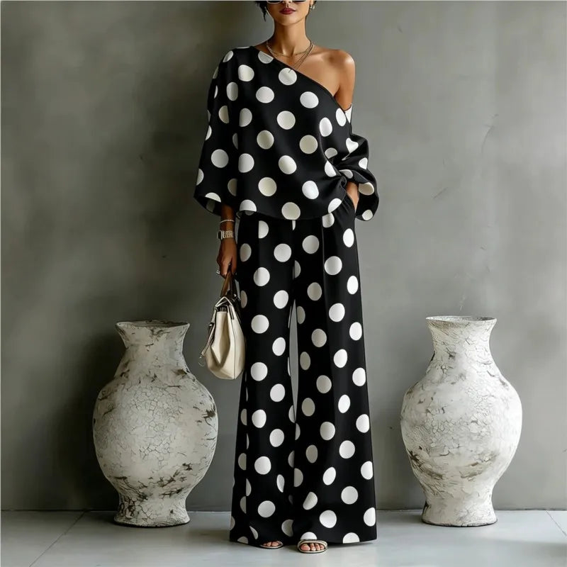 Women's Polka Dot 2 Piece Outfit One Shoulder Blouse And Wide Leg Pants Set Casual Loose Summer Party Tracksuit Elegant New 2026