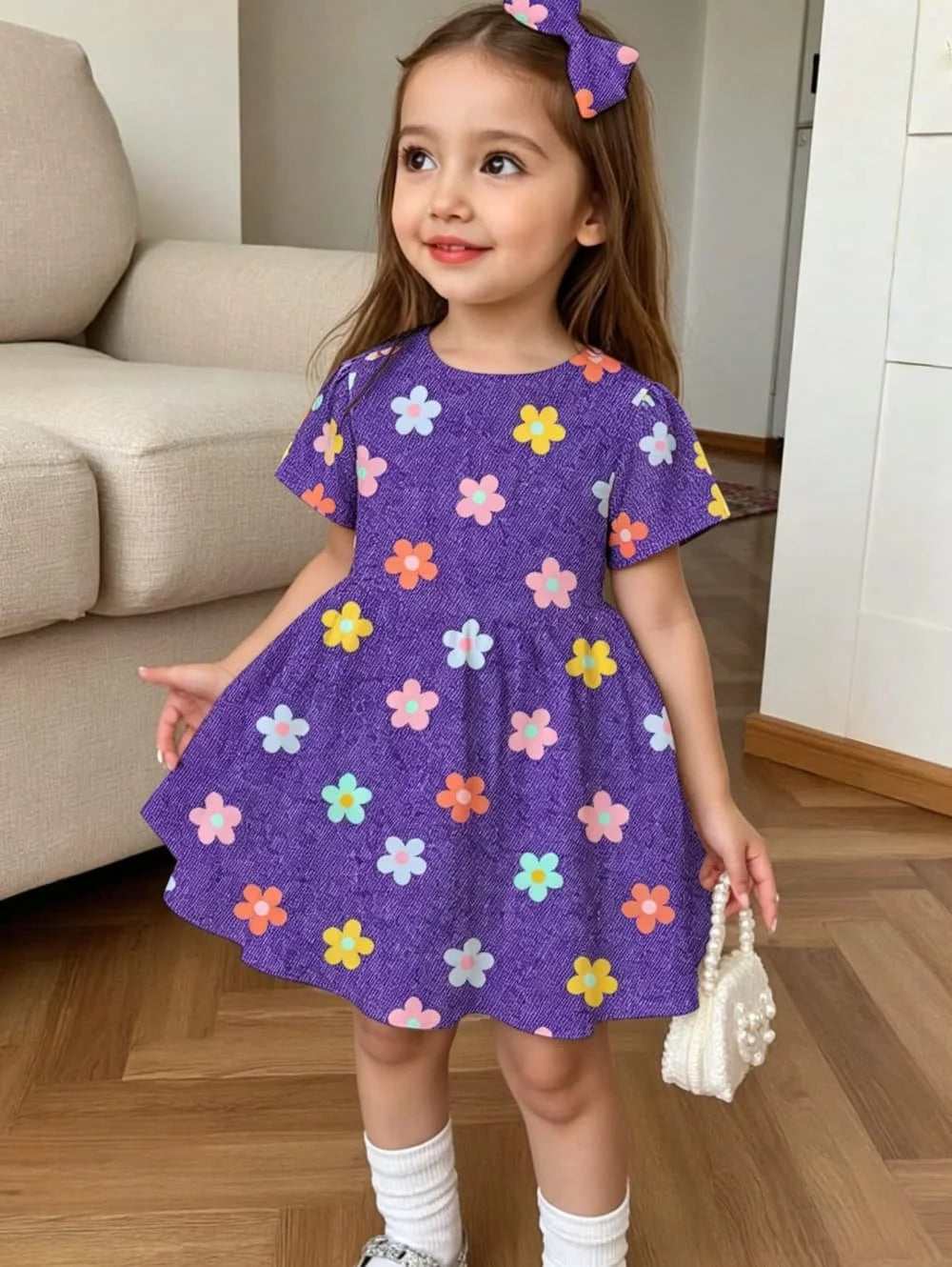 Cute Polka Dot Bow 3D Print Dress for Girls Casual Short Sleeve Dress C