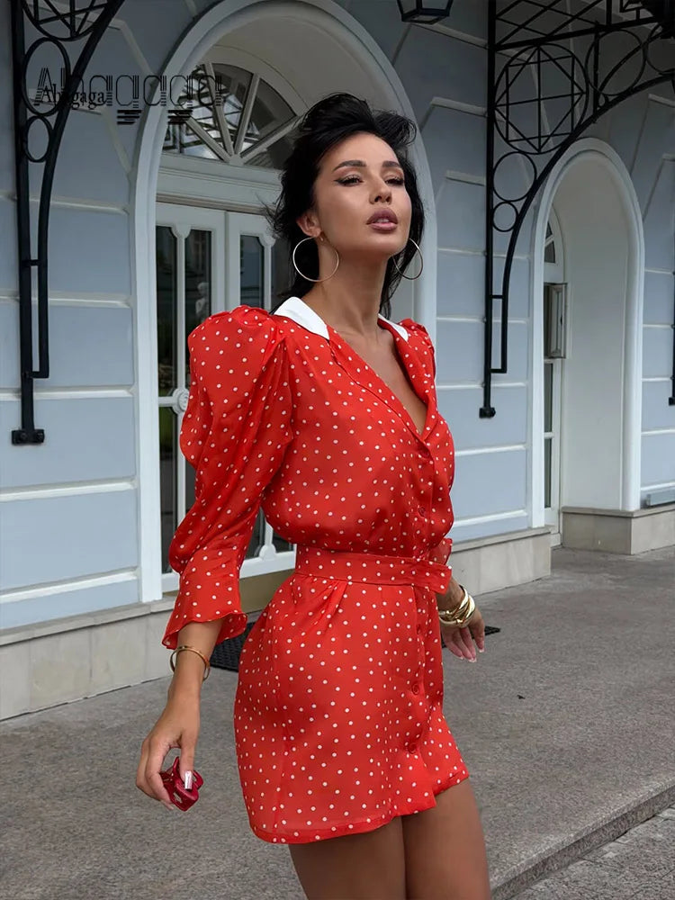 Ahagaga Sexy Polka Dot Print V Neck Mini Dresses For Women Elegant Party