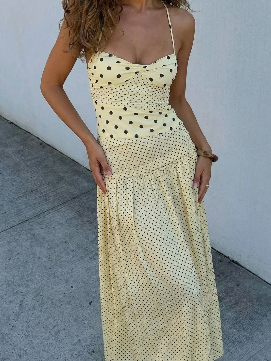 Dulzura Summer Fashion Backless Lace Up Polka Dot Slim Slip Long Dress