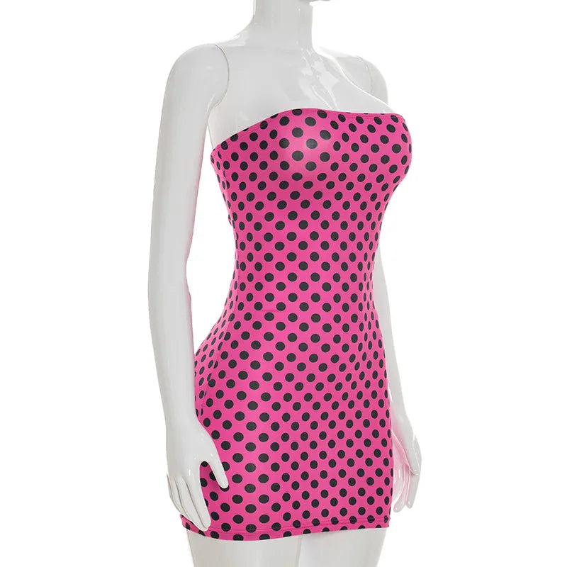 Sexy Strapless Backless Mini Dress Women Dot Print Party Club Clothes Bodycon
