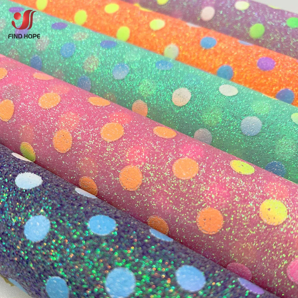 Polka Dots Iridescent Fine Glitter Vinyl PU Leatherette Sewing Fabric Faux Leather DIY Craft Brooch Bows Earring Making Material
