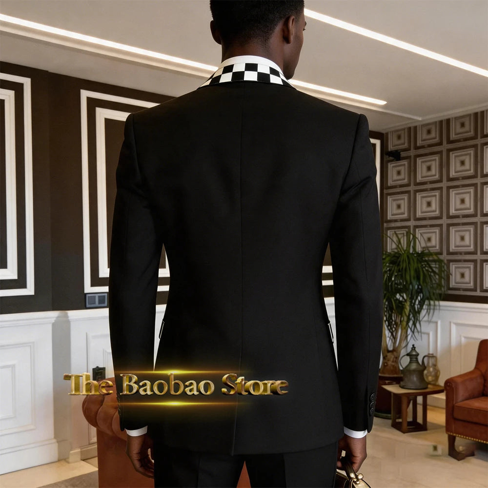 Stylish Men's Suit Black White Checkerboard 2pcs Double Breasted Blazer Pants Custom Slimming Set Wedding Banquet Party Tuxedo