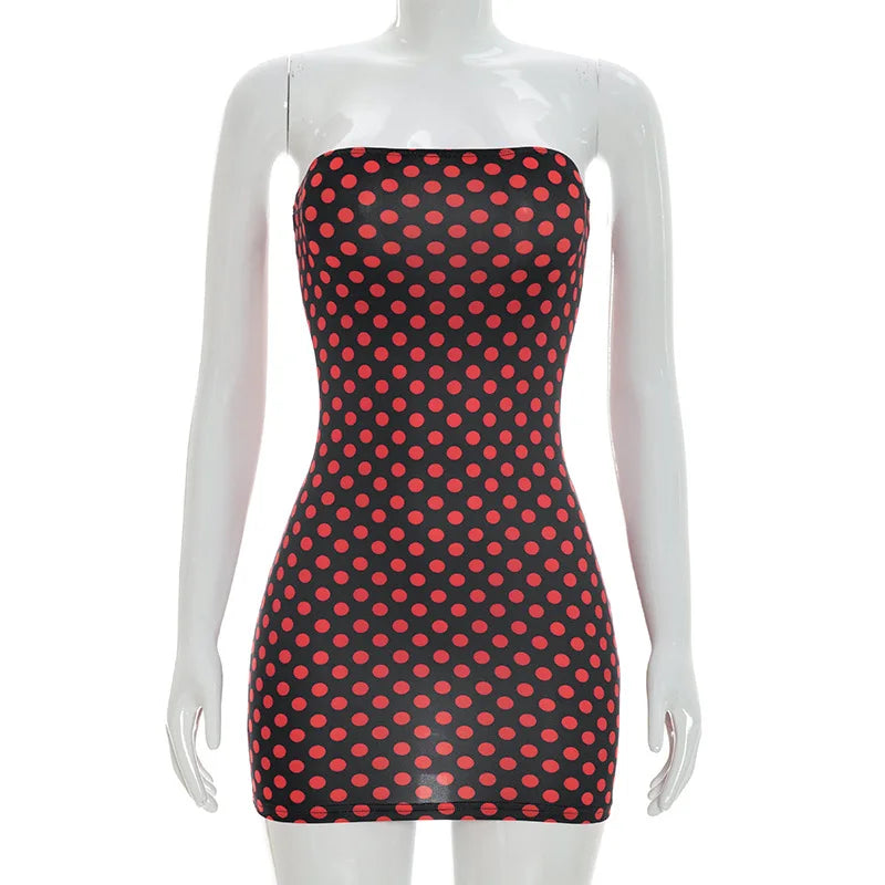 Sexy Strapless Backless Mini Dress Women Dot Print Party Club Clothes Bodycon