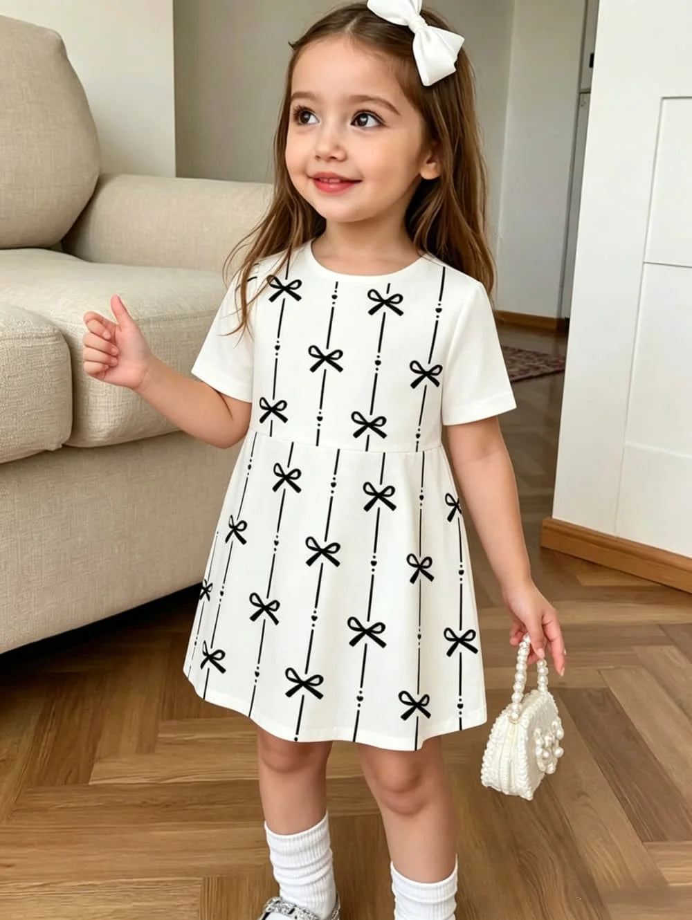 Cute Polka Dot Bow 3D Print Dress for Girls Casual Short Sleeve Dress C
