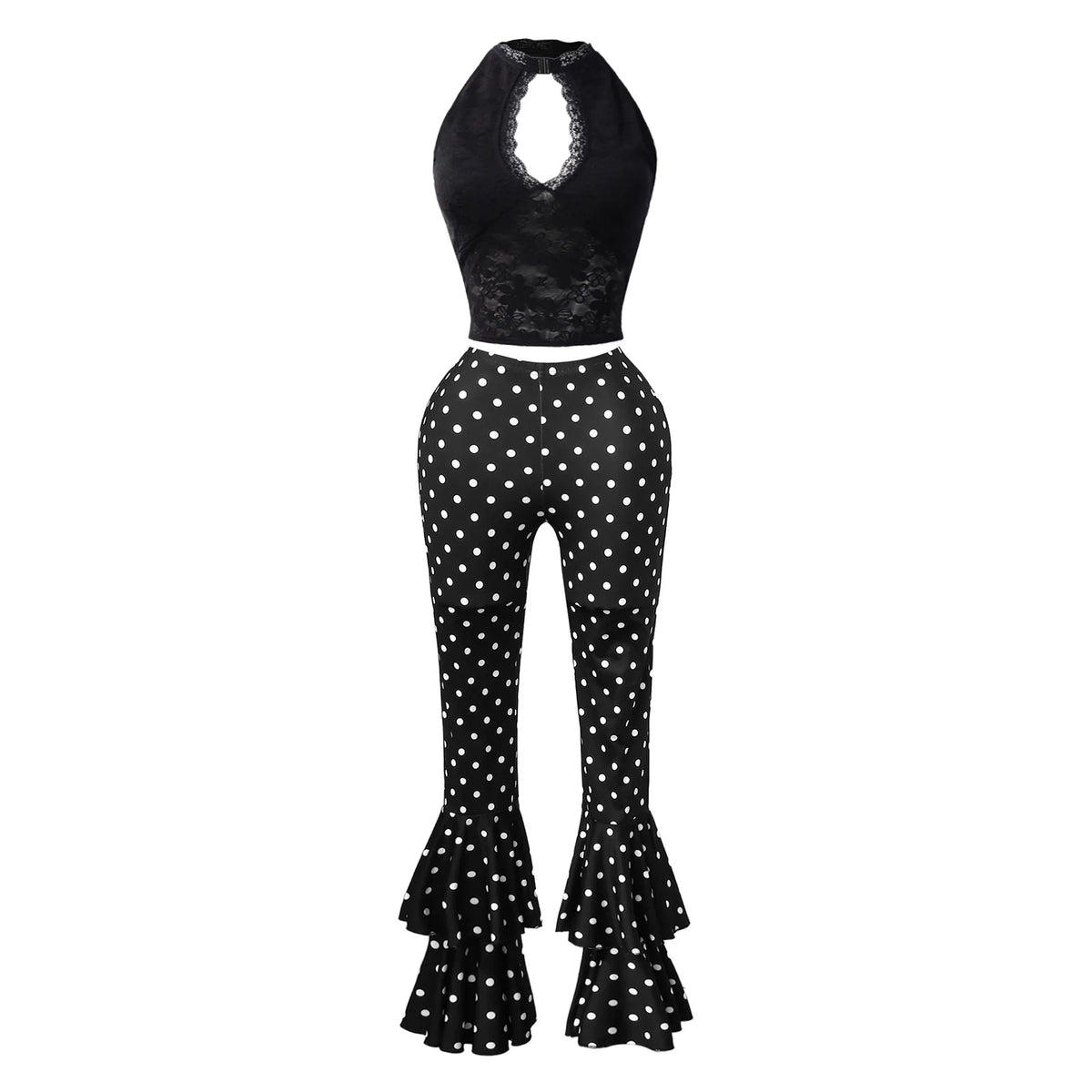 Chic Women Polka Dot Print Two Piece Set Sexy Lace Hole Crop Top+Bodycon