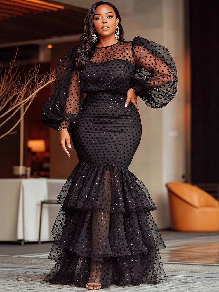 Women's Plus Size Polka Dots Evening Dress Crew Neck Mesh Sheer Prom