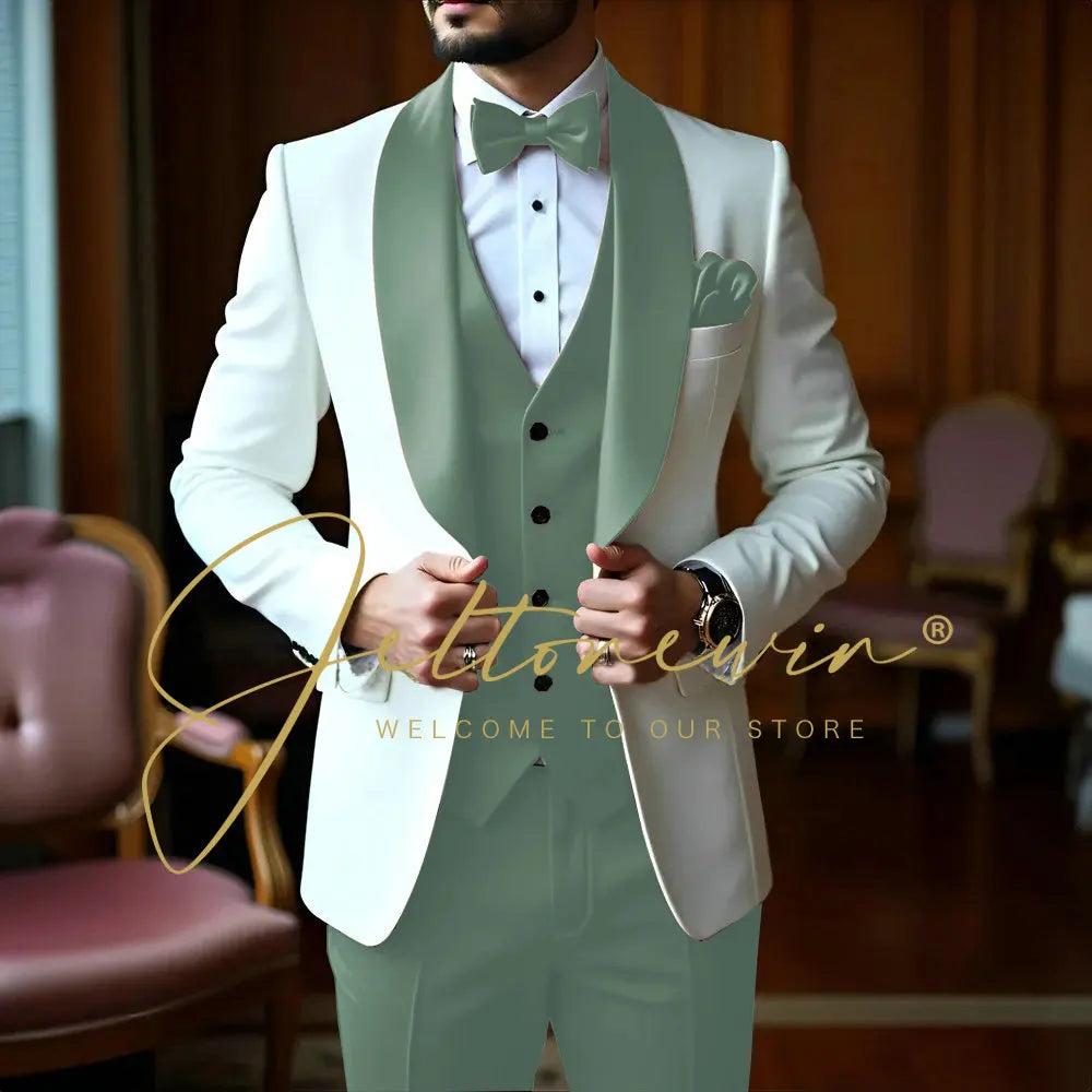 White 3 Pieces Men Suits Slim Fit Shawl Lapel Formal Best Man Wedding Groom Wear Blazer Sets Party Tuxedos Trajes De Hombre