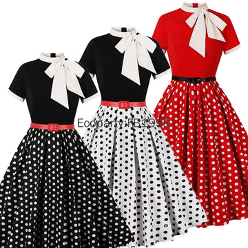 Women Summer Retro Casual Party Dress Elegant Short Sleeve Polka Dot