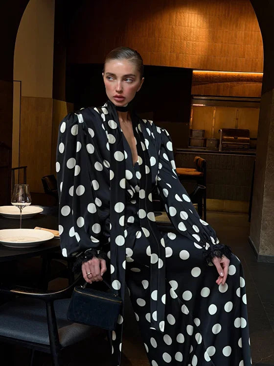 Polka Dot Skirt 2 Piece Set Women Elegant Scarf Long Sleeve