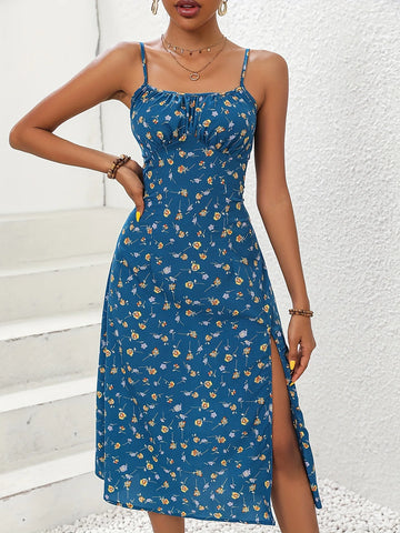 Polka Dot Spaghetti-Strap Midi Dress with Side Slit