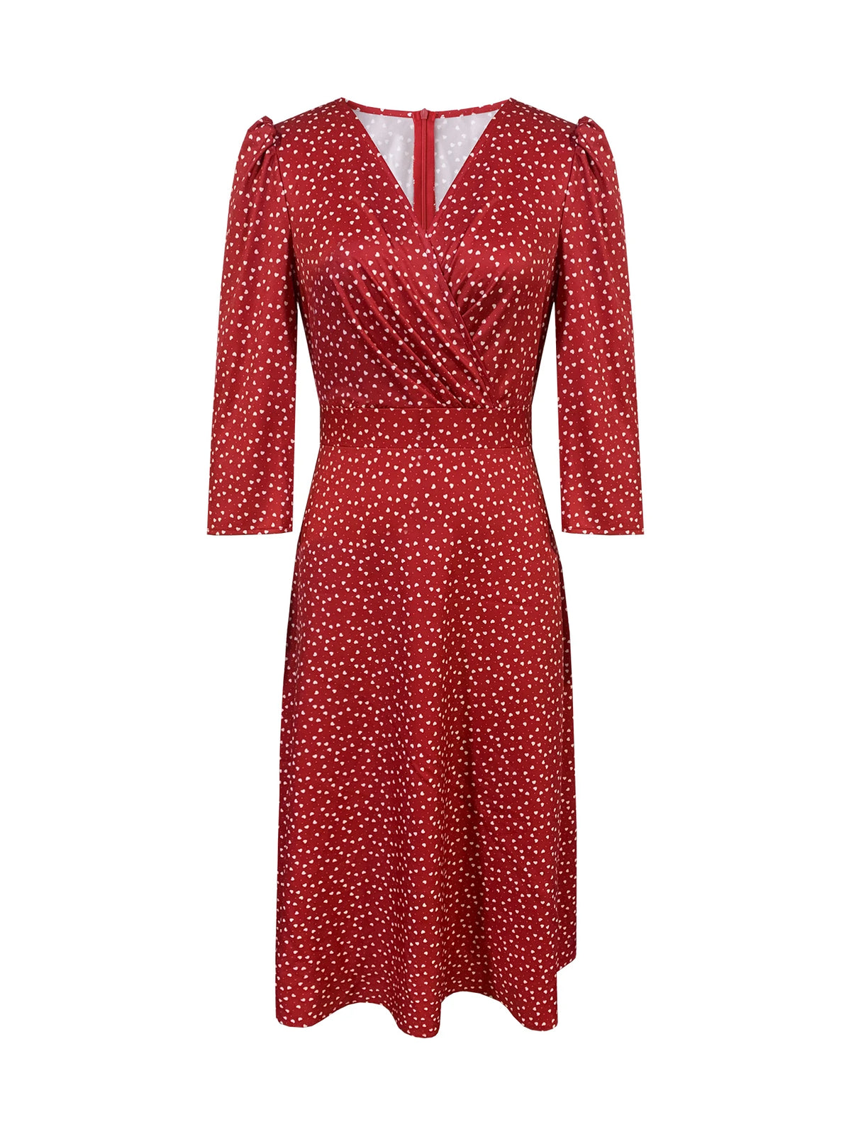 Women's Burgundy White Polka Dot Midi Dress V-Neck Sleeves A-Line Spring