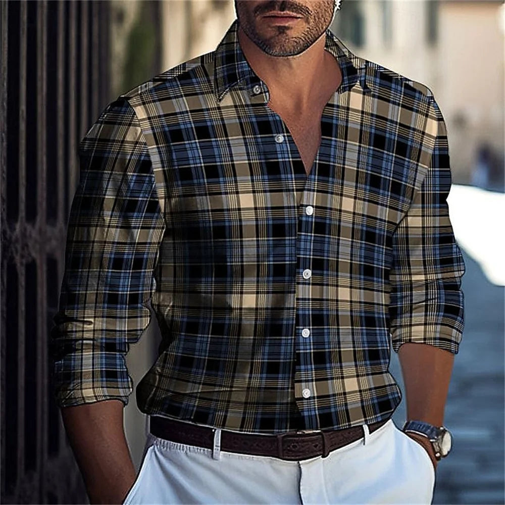 Men's Long Sleeved Polka Dot Printed Lapel Top Button Up