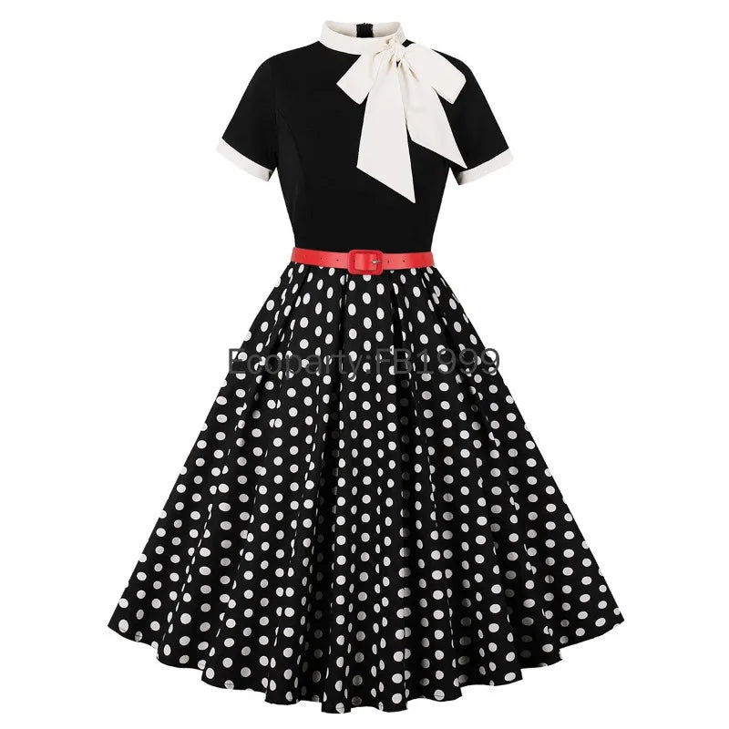 Women Summer Retro Casual Party Dress Elegant Short Sleeve Polka Dot