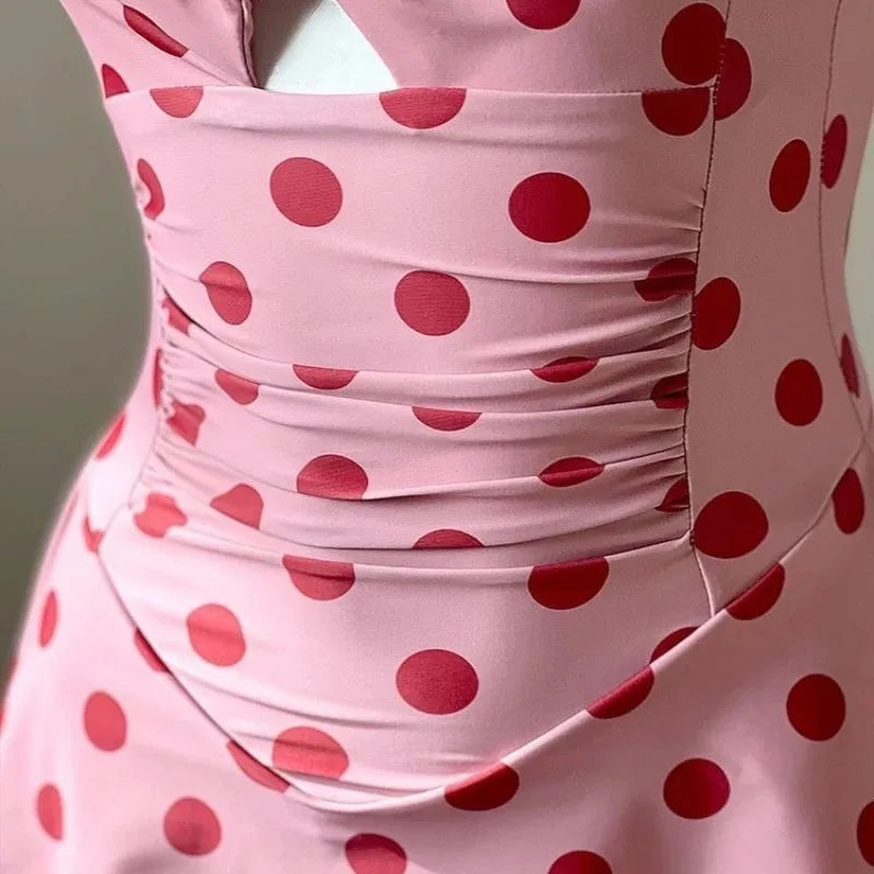 Women Swim Dress Pink Polka Dot One Piece Swimsuit
