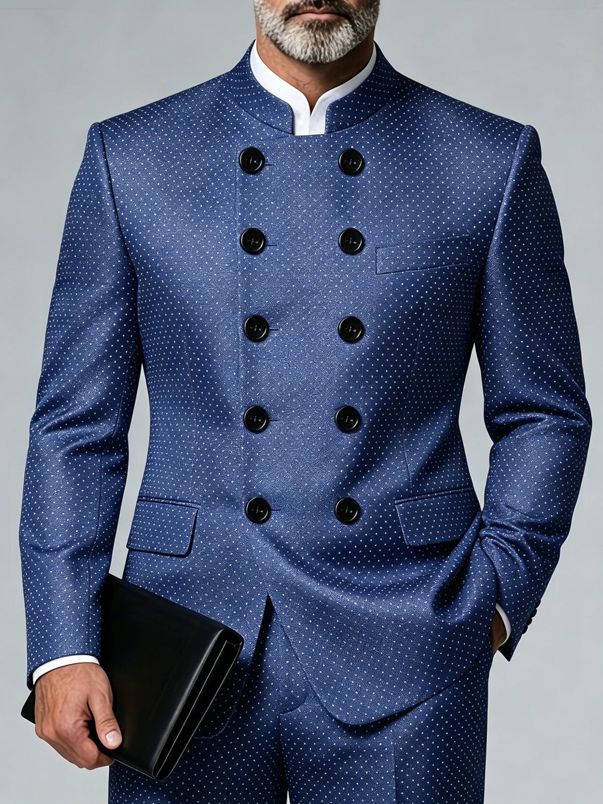 Men Plus Size Luxury Classic Blazer Mandarin Collar Polka Dot Double Breasted Long Sleeve Slim Business Party Outerwear Jacket