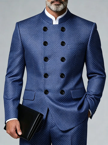 Men Plus Size Luxury Classic Blazer Mandarin Collar Polka Dot Double Breasted Long Sleeve Slim Business Party Outerwear Jacket