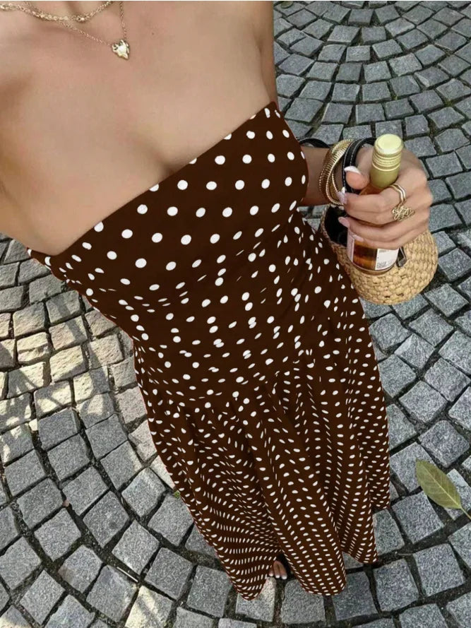 Polka-Dot Tube Top High-Neck Sleeveless Long Dress with Slim Fit