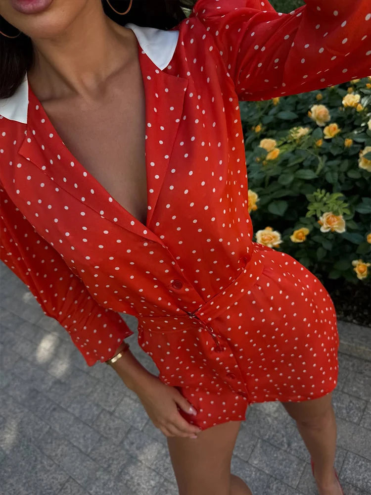 Ahagaga Sexy Polka Dot Print V Neck Mini Dresses For Women Elegant Party