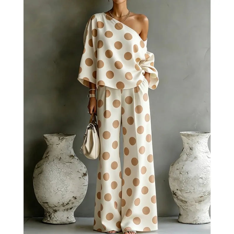 Women's Polka Dot 2 Piece Outfit One Shoulder Blouse And Wide Leg Pants Set Casual Loose Summer Party Tracksuit Elegant New 2026