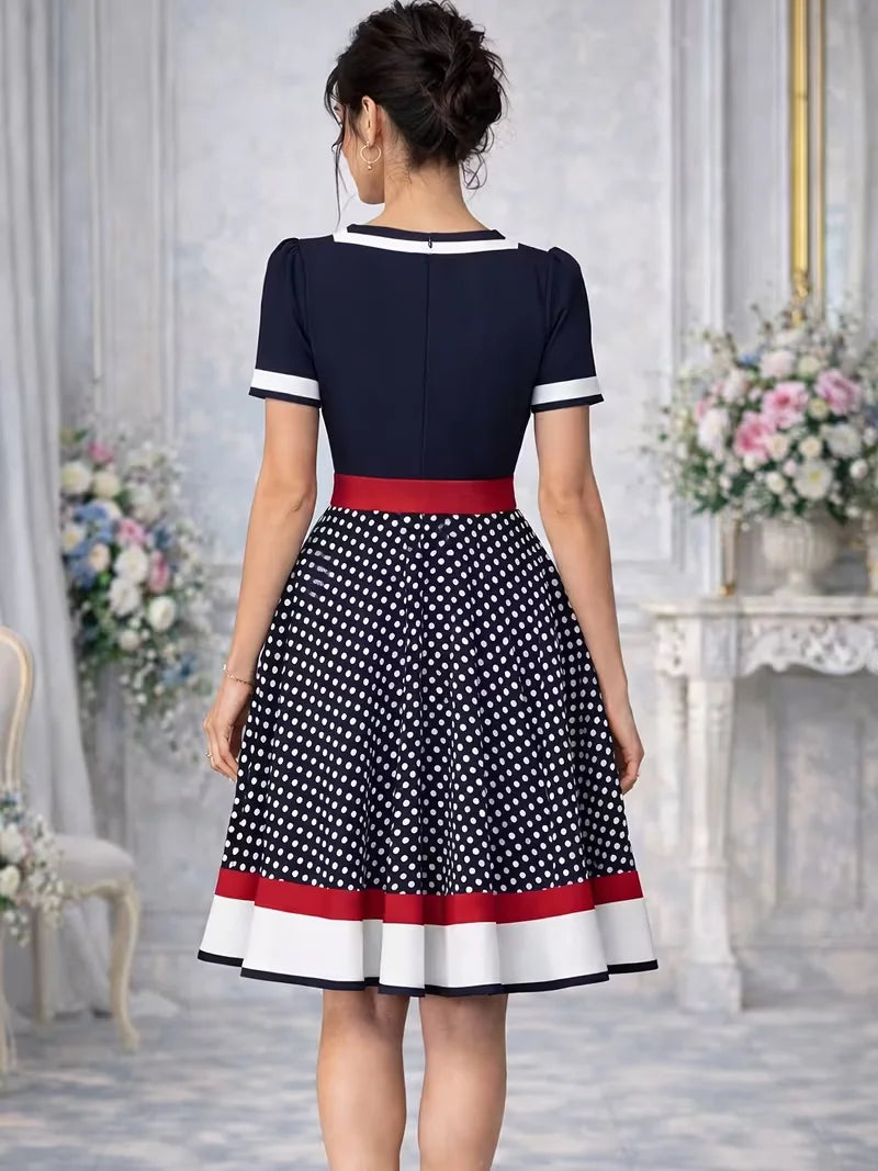 Womens Short Sleeve Vintage 1950s Polka Dot Square Neck Colorblock