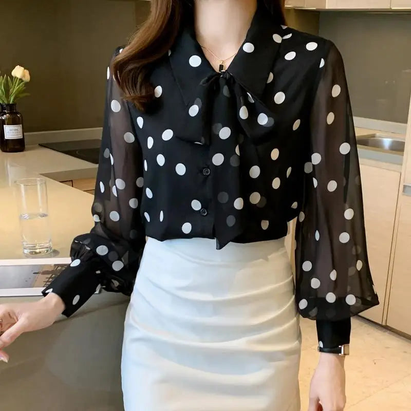 Spring Summer Polka Dot Printing Chiffon Shirt Women Fashion Tops