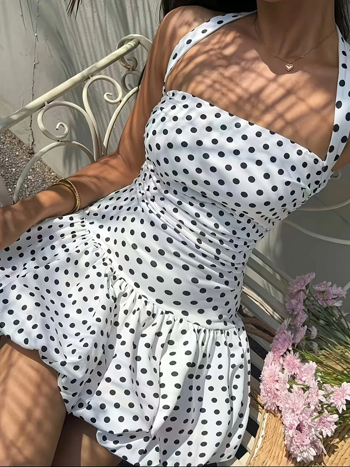 Sweet Spicy Polka Dot Halter Mini Dress | Open Back & Ruched Waist, Summer Beach Style