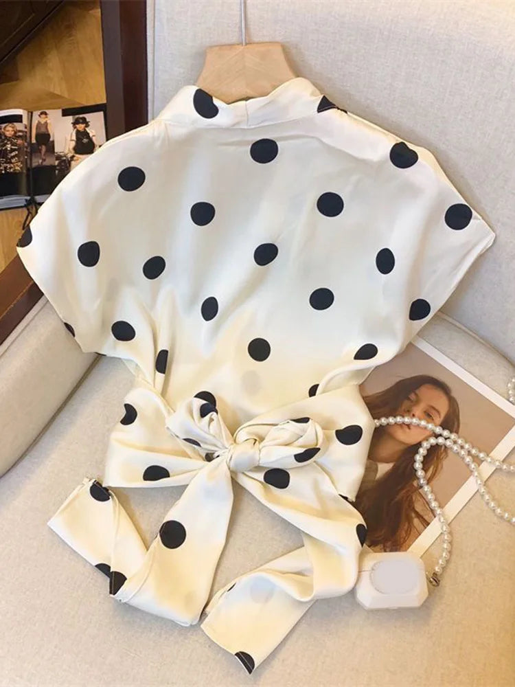 Sexy Cropped Dot Shirt Women Vintage Slim V Neck Tops