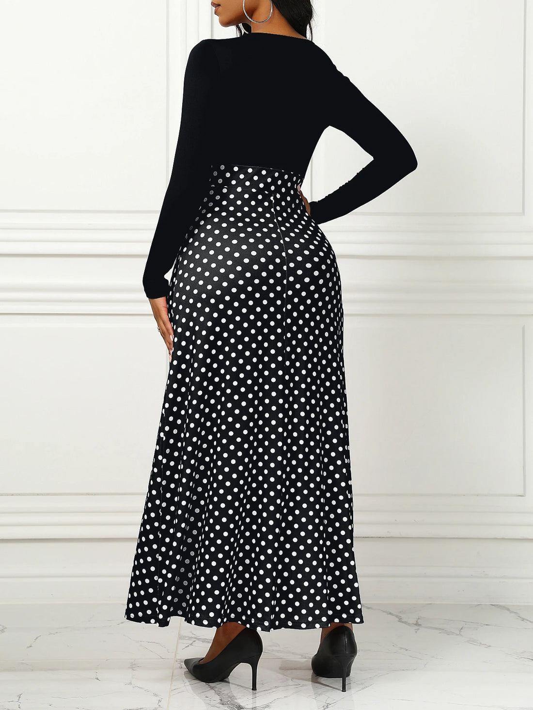 Polka Dot Print Medium Stretch Maxi Dress, Women's Plus High Waist Elegant Long Dress