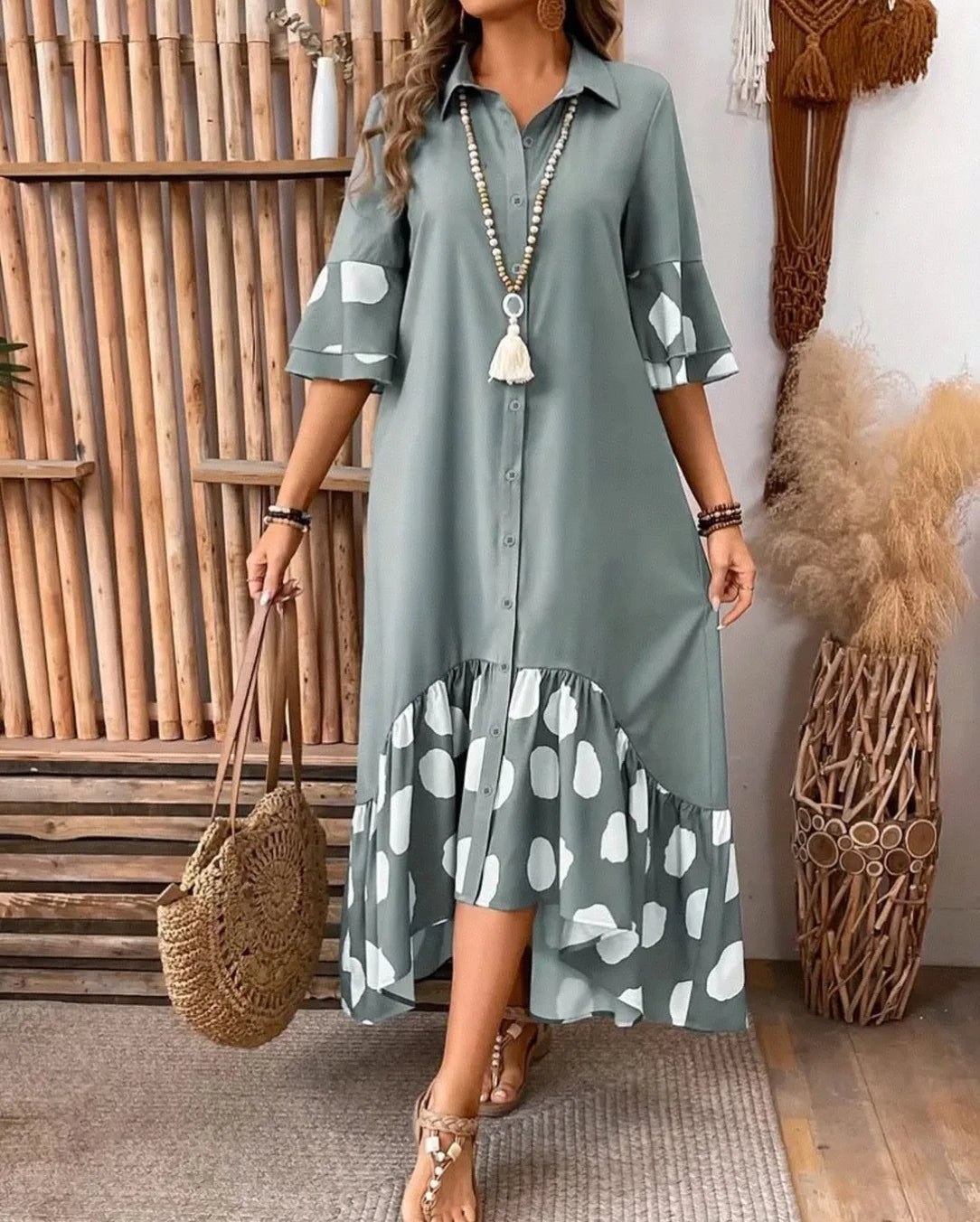 Polka Dot Lapel Shirt Dress with Flared Sleeves