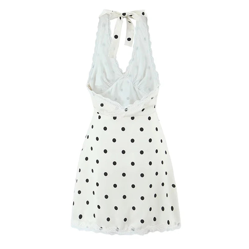 YENKYE Lace Spliced Polka Dot Halter Dress Women