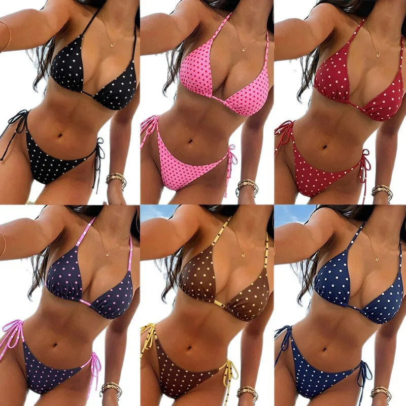 Retro Polka Dot Tie Side Bikini Set for Women, Sexy Push