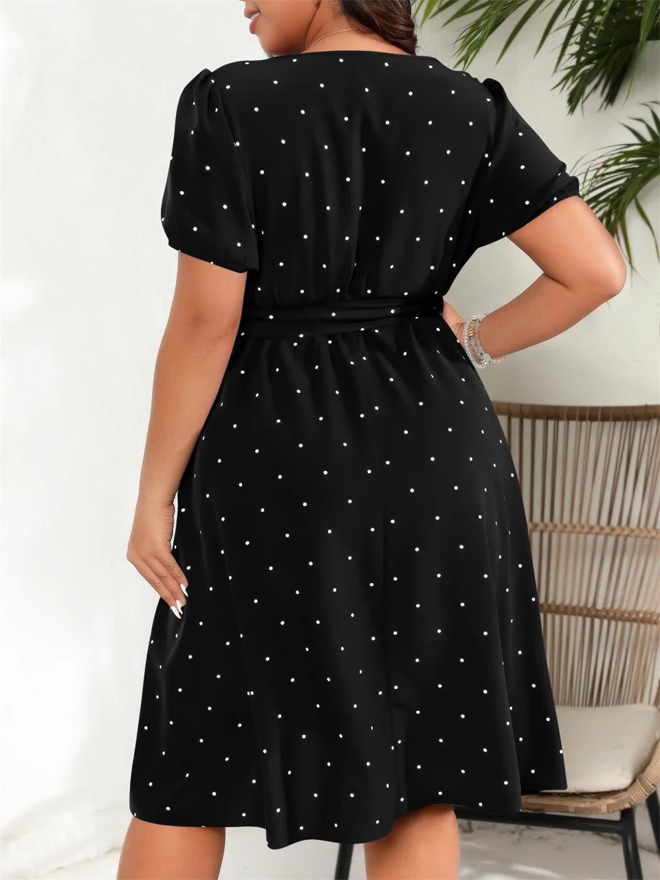 GIBSIE Plus Size Square Neck Polka Dot Belted Dress Women's Elegant Retro