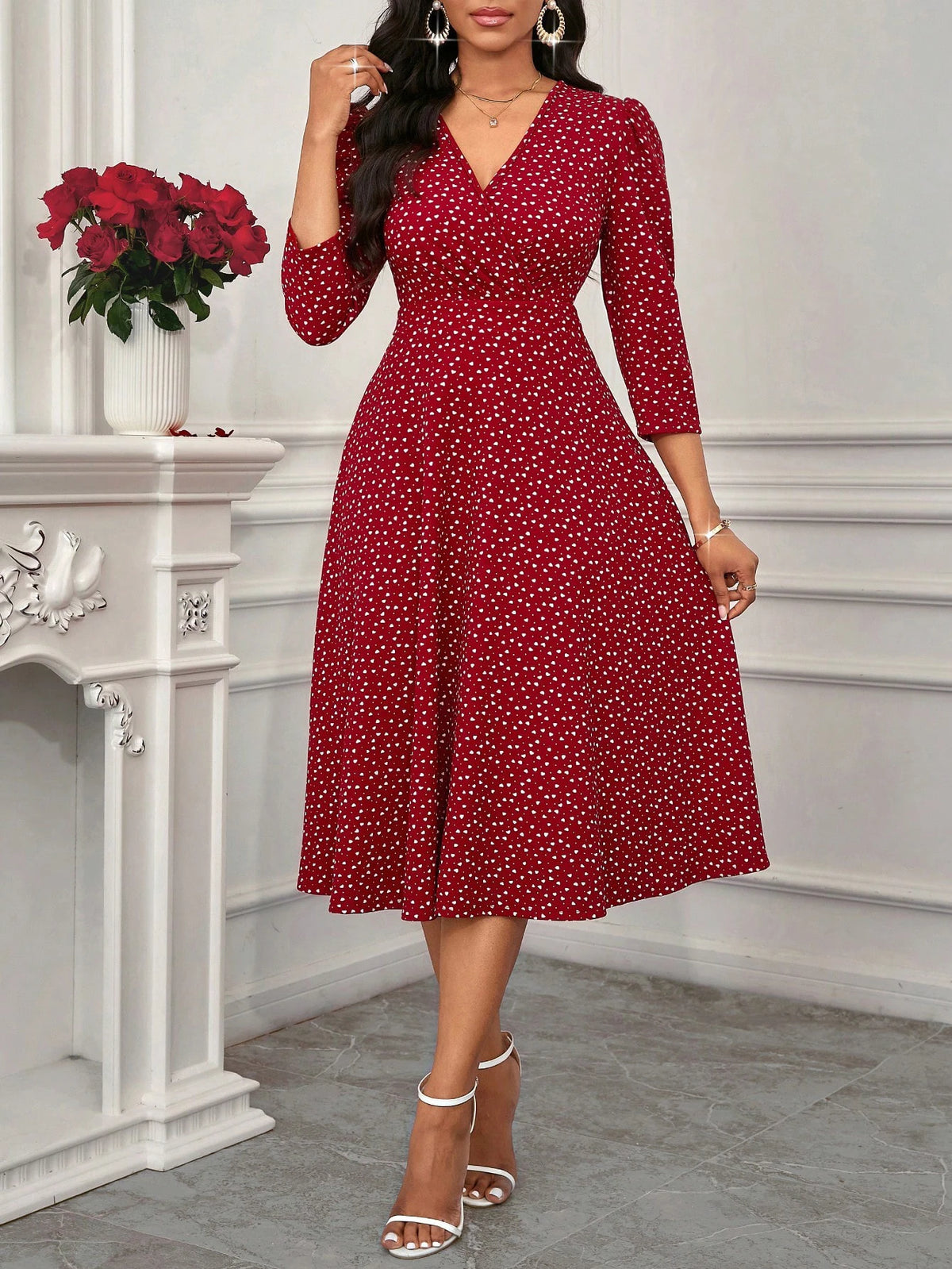 Women's Burgundy White Polka Dot Midi Dress V-Neck Sleeves A-Line Spring