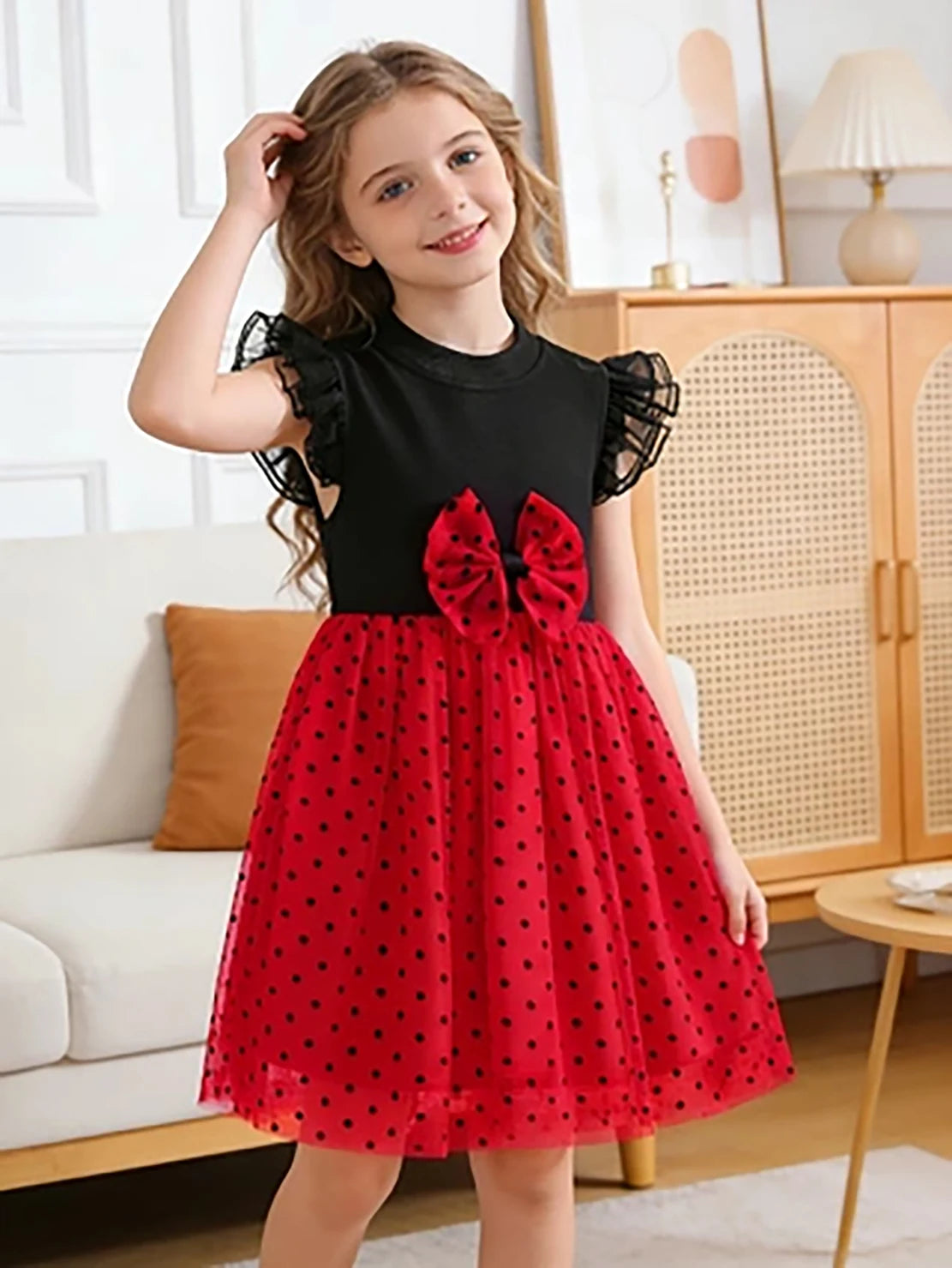 Girls' Black and Red Polka Dot Princess Dress, Summer Flutter Sleeve Bow Tulle Skirt
