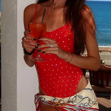 One-piece Swimsuit Suspender Design Red Polka Dot