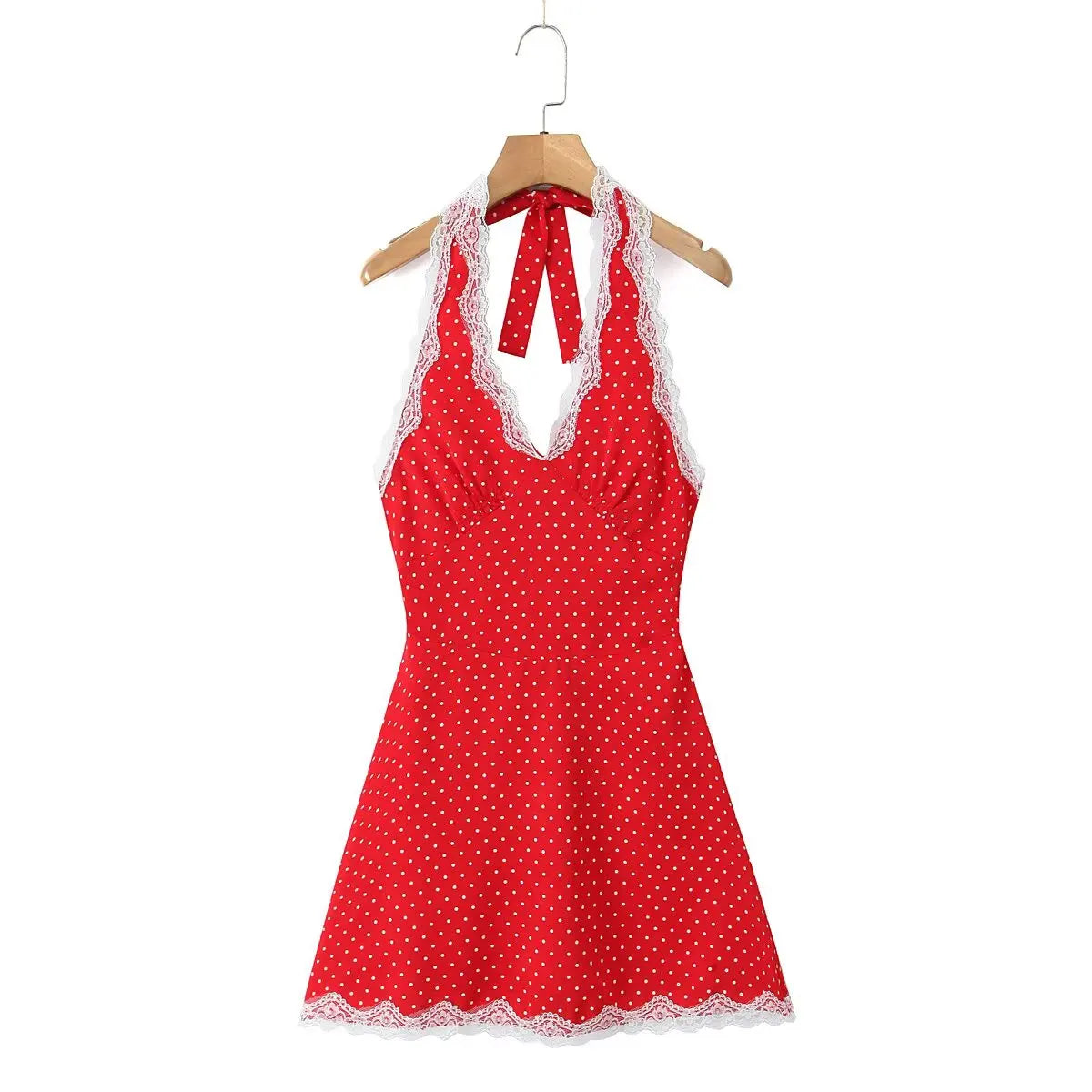 YENKYE Lace Spliced Polka Dot Halter Dress Women