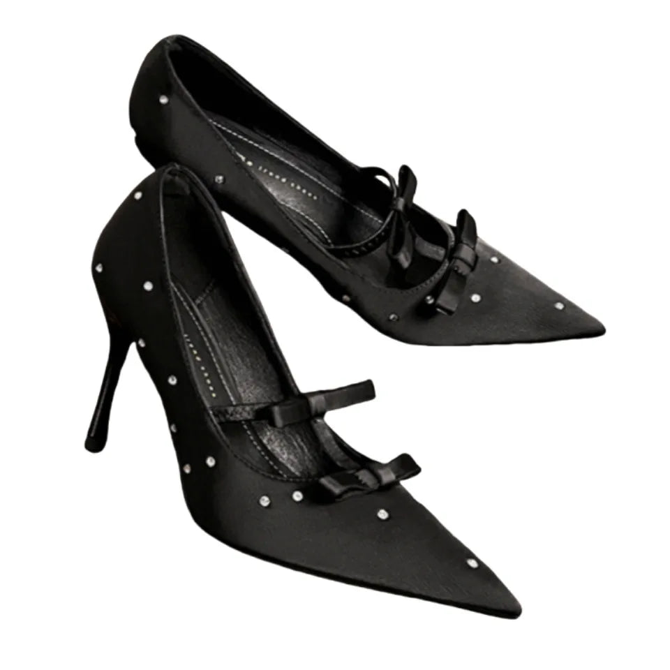 Polka Dot French Bow Square Head Black Rhinestone