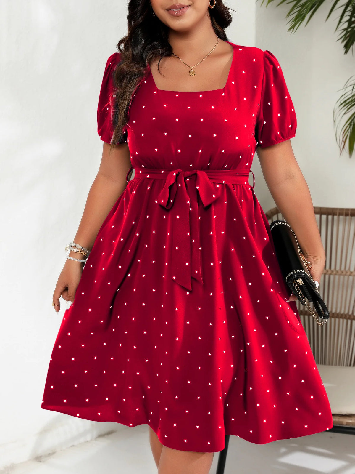 Women's Elegant Retro Polka Dot Dress European American Plus Size Waist Cinched Lace Up Square Neck Big Swing Dresses with Belt