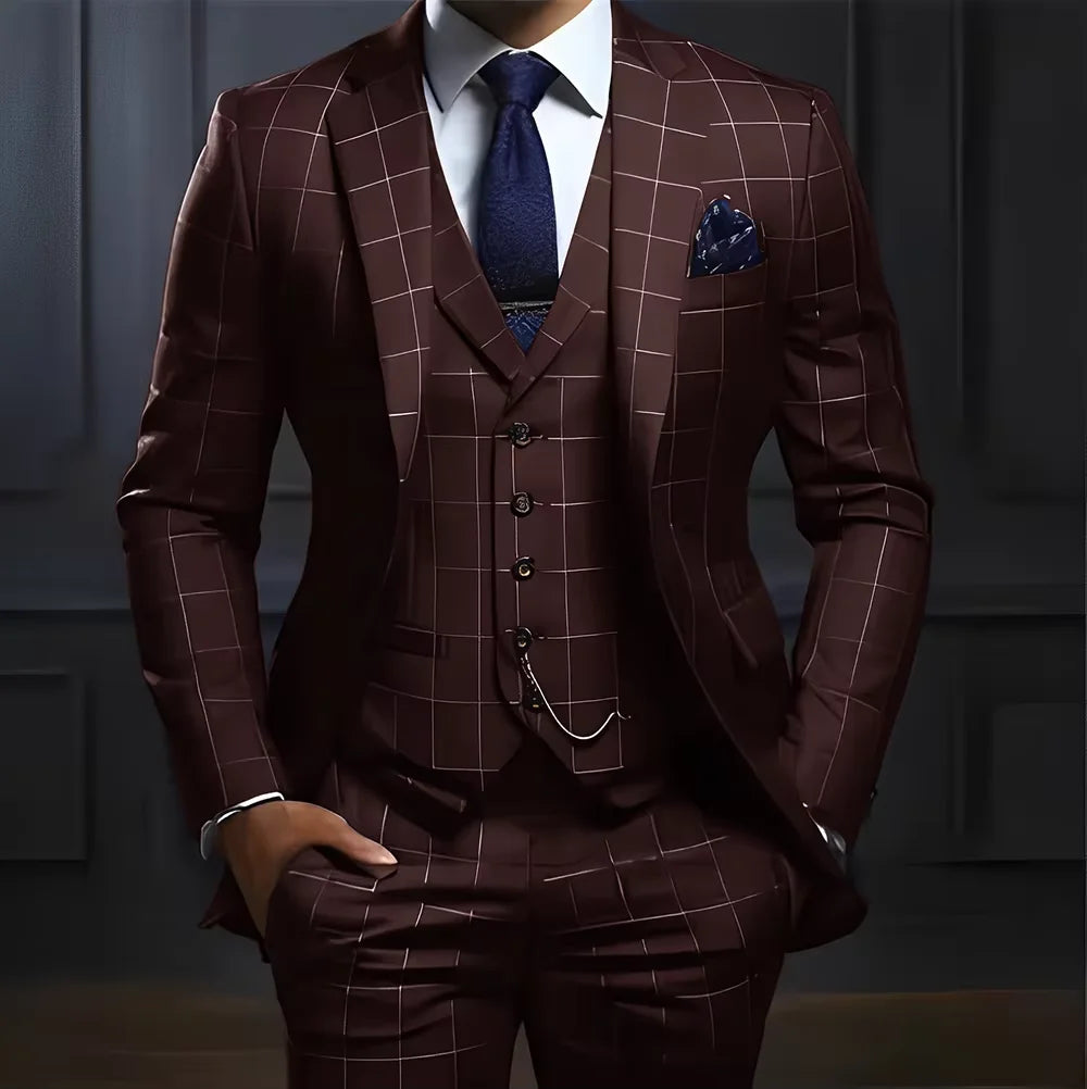 Customized Navy Blue Plaid Men Suits Business Male Blazers Slim Fit Notched Lapel Groom Tuxedos 3 Pcs Sets Handsome Ropa Hombre