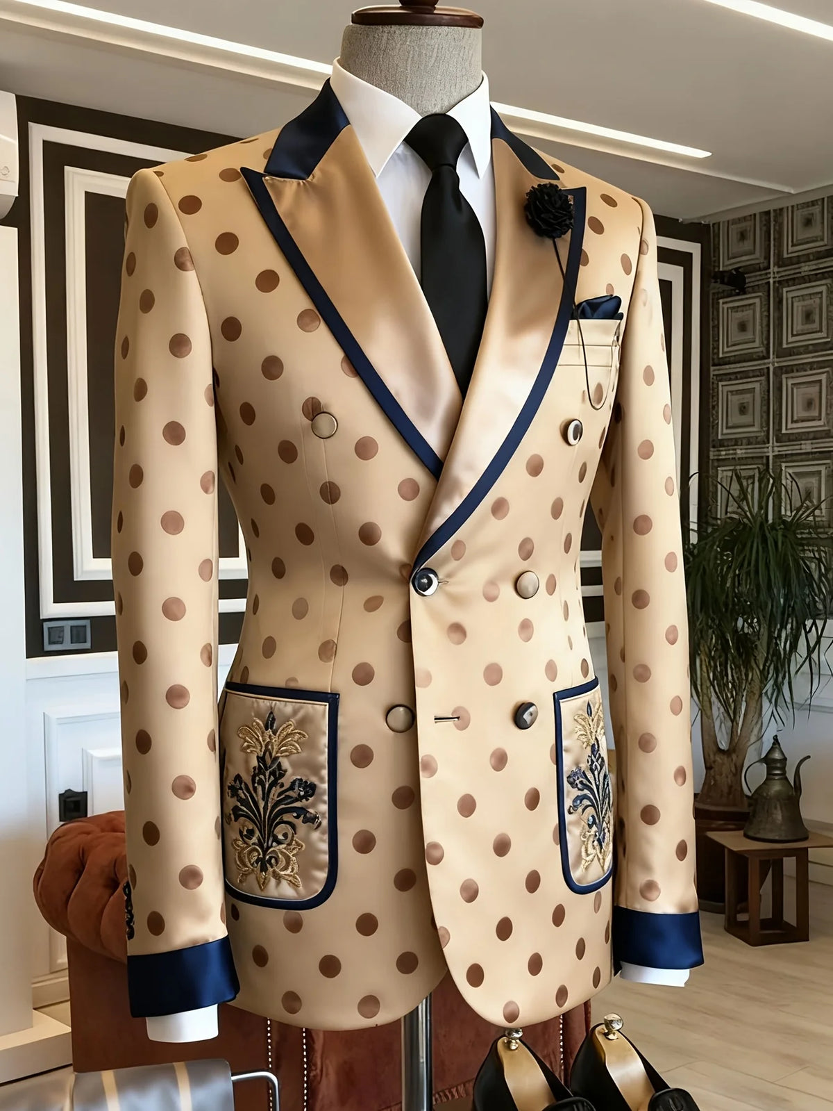 Men's Slim Fit Polka Dot Satin Business Casual Blazer Contrast Peaked Lapel