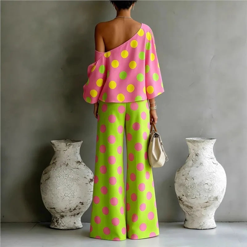 Women's Polka Dot 2 Piece Outfit One Shoulder Blouse And Wide Leg Pants Set Casual Loose Summer Party Tracksuit Elegant New 2026