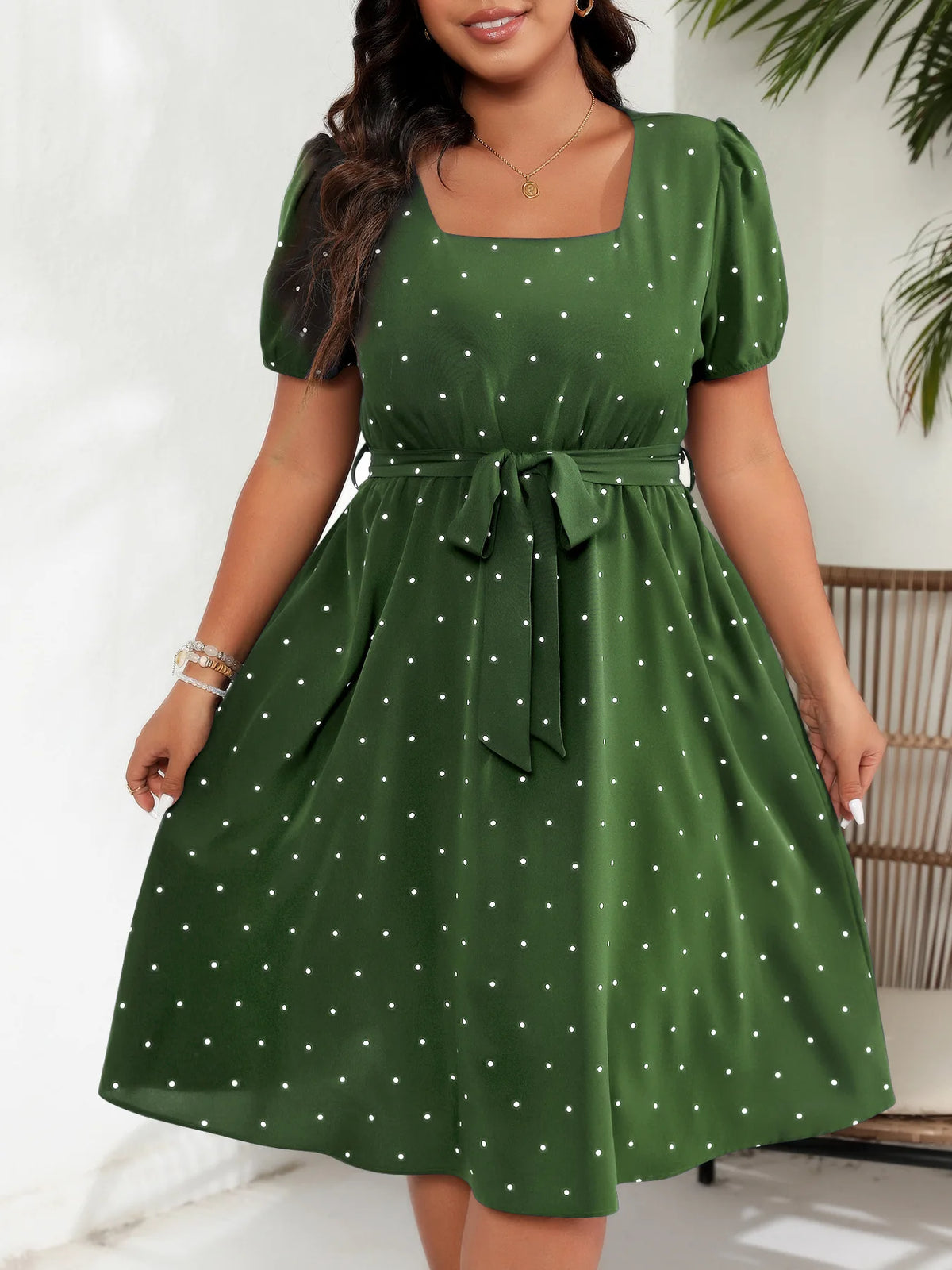 Women's Elegant Retro Polka Dot Dress European American Plus Size Waist Cinched Lace Up Square Neck Big Swing Dresses with Belt