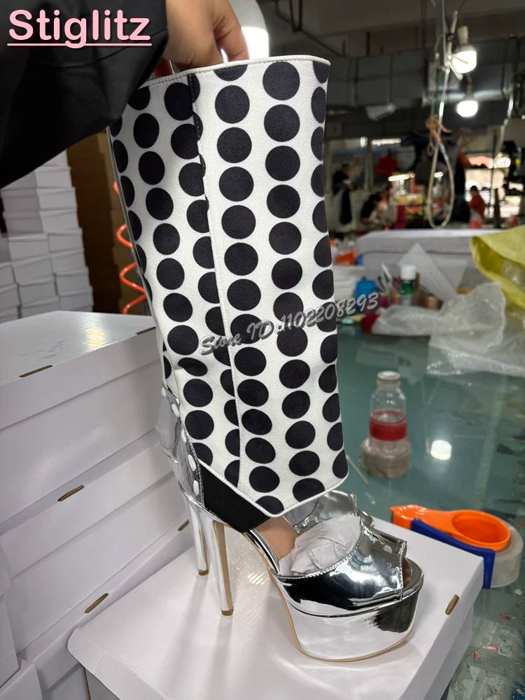 Sexy Polka Dots Knee-high Sandals Patchwork Leather Peep Toe Metal Heel