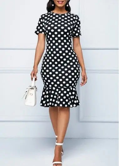 Polka Dot Knee-Length Pencil Dress with Ruffle Hem