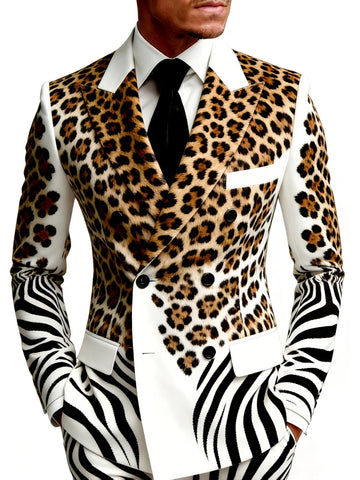 Men Leopard Zebra Print Spliced Tuxedo Jacket Peak Lapel Slim Fit Suit Coat Male Business Party Stage Show Prom Formal Dress Out