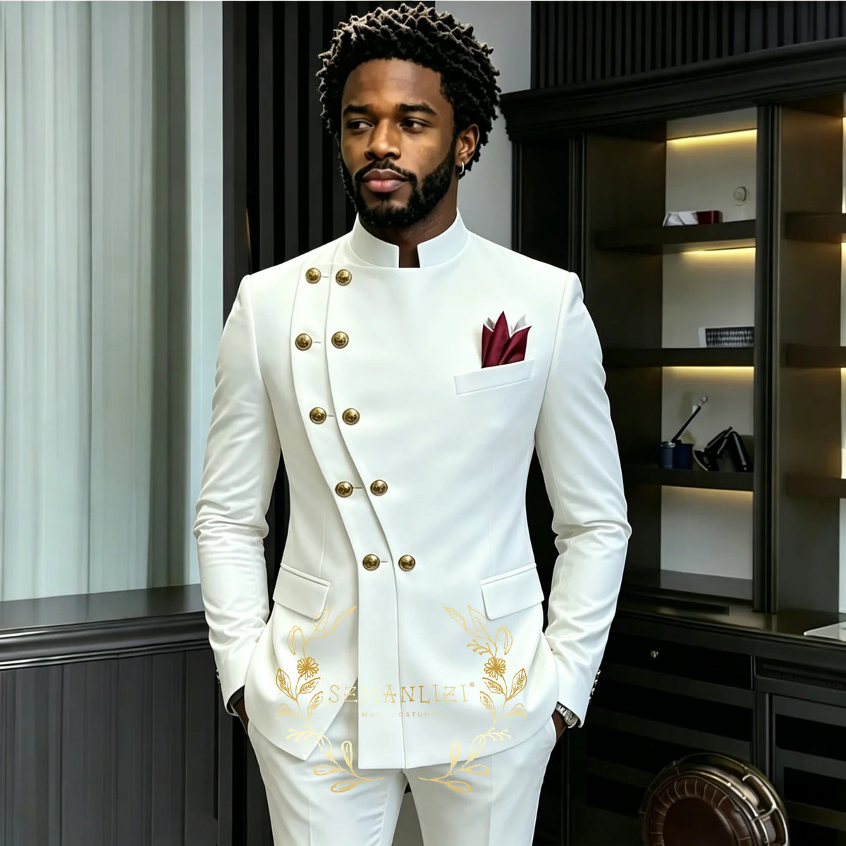 Men's Stand Collar 2-Piece Suit (Blazer + Pants)