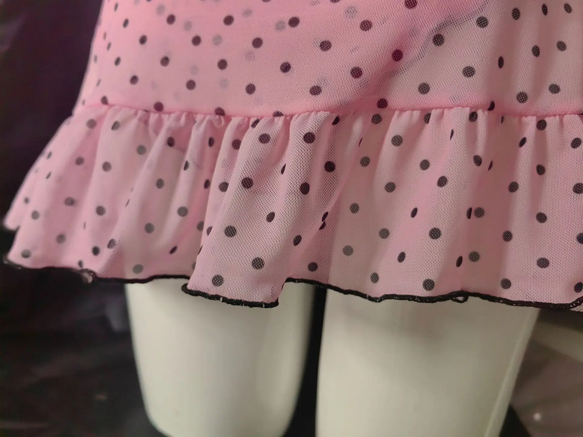Ladies Sexy Pink Deep V Neck Polka Dot Stretch Mesh Camisole Nightdress With Matching Panties Sleepwear Lingerie Set