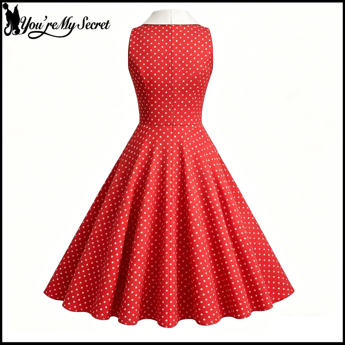 Women 1950s Vintage Polka Dot Swing Dress Contrast White Lapel Sleeveless